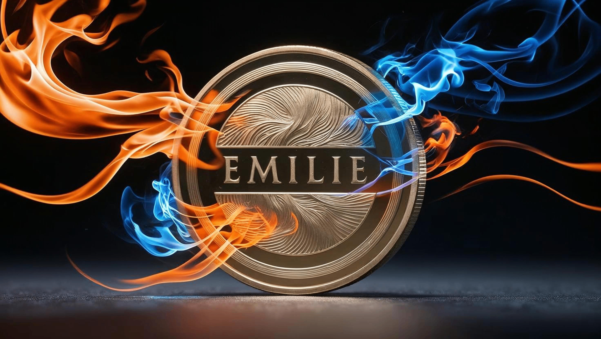 EMILIE token coin with blue and orange flame streams
