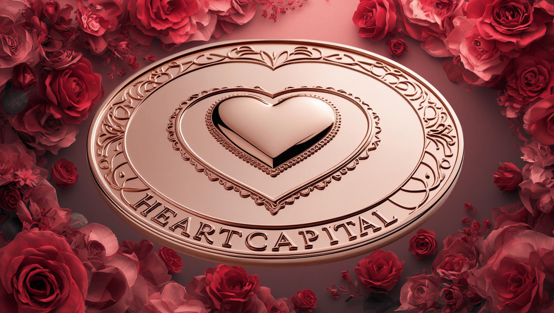 HEARTCAPITAL rose-gold coin with a heart sigil and red roses